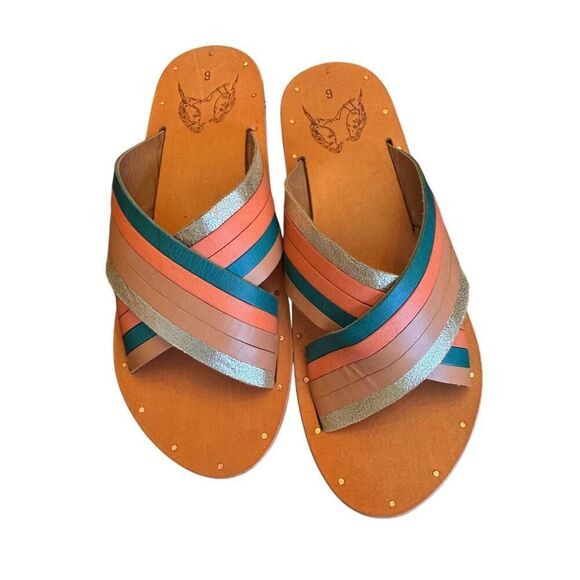 Beek Palila Slide Sandals Sz 6 | Anthropologie Leather Crisscross Flats Handmade - Picture 3 of 9